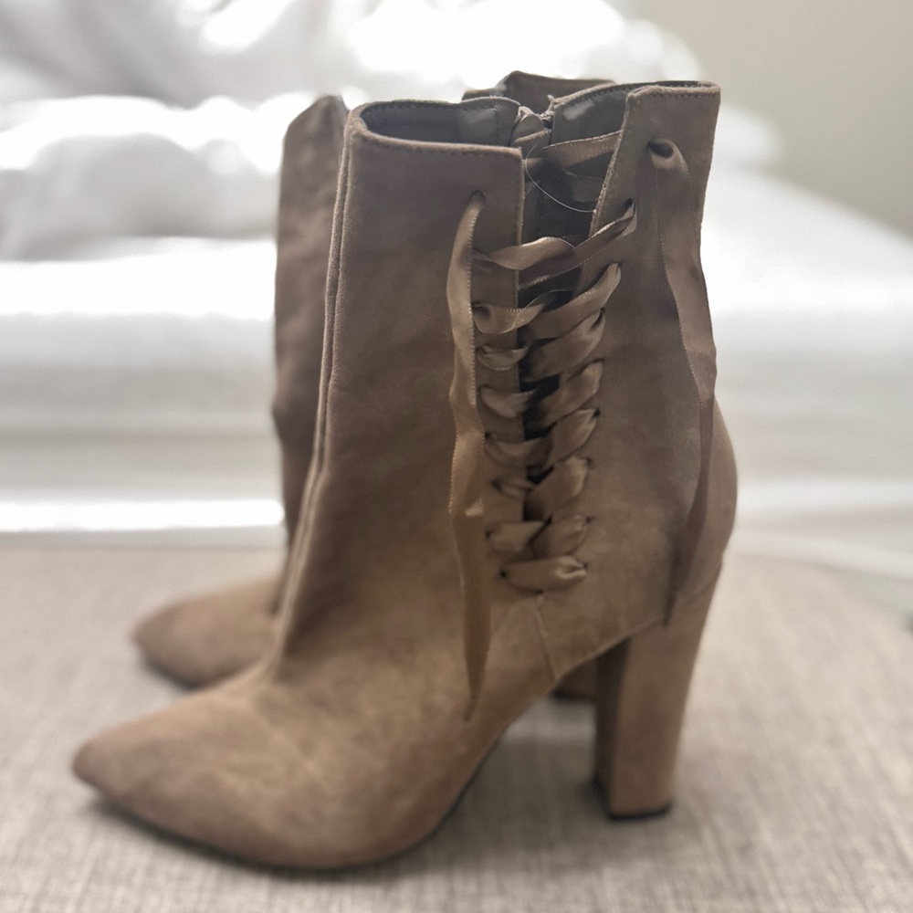 suede tan ankle boots with ribbon accent